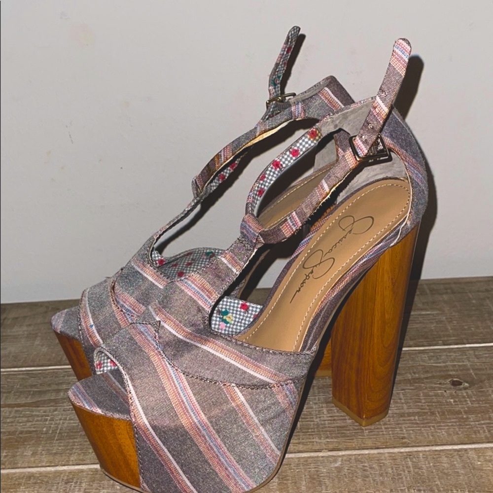 Js Platform Heels In Striped Gray/Soft Rose - image 1